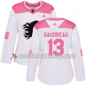 Adidas Maillot de Hockey Calgary Flames Johnny Gaudreau 13 2017-2018 Blanc Rose Fashion Authentic - Femme